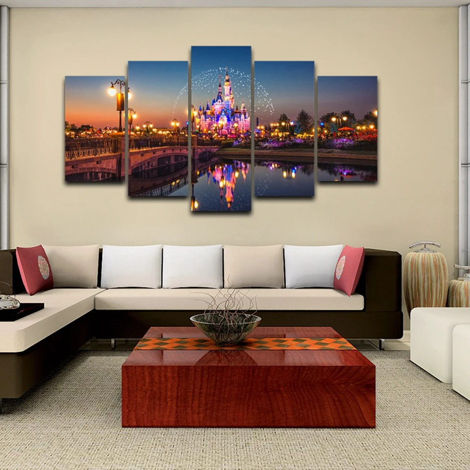 

Canvas Painting Wall Art Home Decor Unframed 5 Pieces Castle Bridge River Night View For Living Room Modern HD Printed Picture