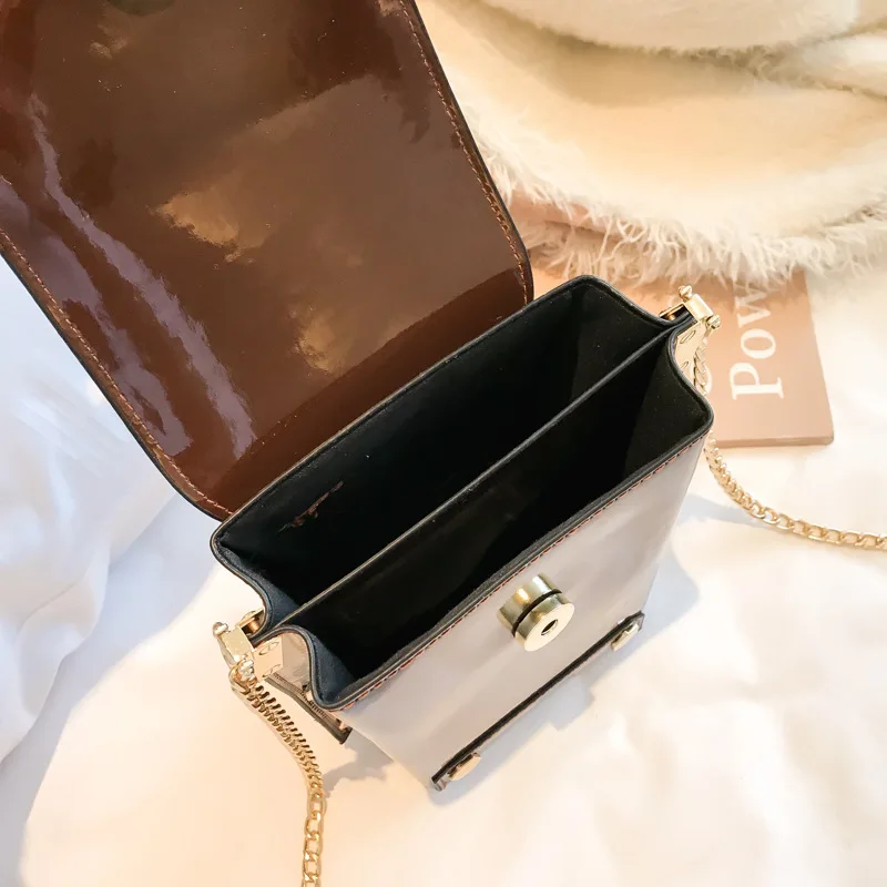 Лакированная кожа плечо сумка-мессенджер с заклепками цепи Crossbody телефон сумка