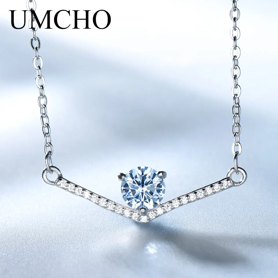 

UMCHO Real 925 Sterling Silver Necklace Created Nano Sky Blue Topaz Chain Necklaces For Women Romantic Wedding Gift Fine Jewelry