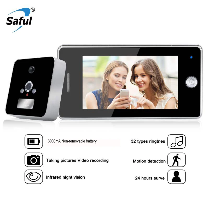 Saful 4.3 Inch LCD Screen Digital Door Peephole Viewer Video Call with TF Card Zinc Alloy Material Electronic Door Bell Camera
Saful 4.3 Inch LCD Screen Digital Door Peephole Viewer Video Call with TF Card Zinc Alloy Material Electronic Door Bell Camera