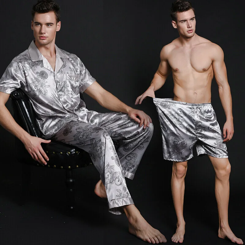 Demiesilk Men's Pajama Sets Three Pieces Imitation Silk Sleepwear with Shorts and Long Pants Short Sleeve | Мужская одежда