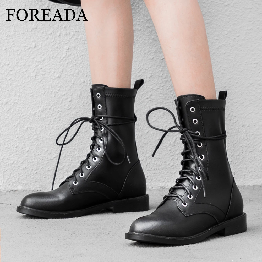 FOREADA Genuine Leather Boots Women Punk Lace Up Motorcycle Boots Winter Round Toe Thick Heel Ankle Boots Ladies Shoes Black
FOREADA Genuine Leather Boots Women Punk Lace Up Motorcycle Boots Winter Round Toe Thick Heel Ankle Boots Ladies Shoes Black