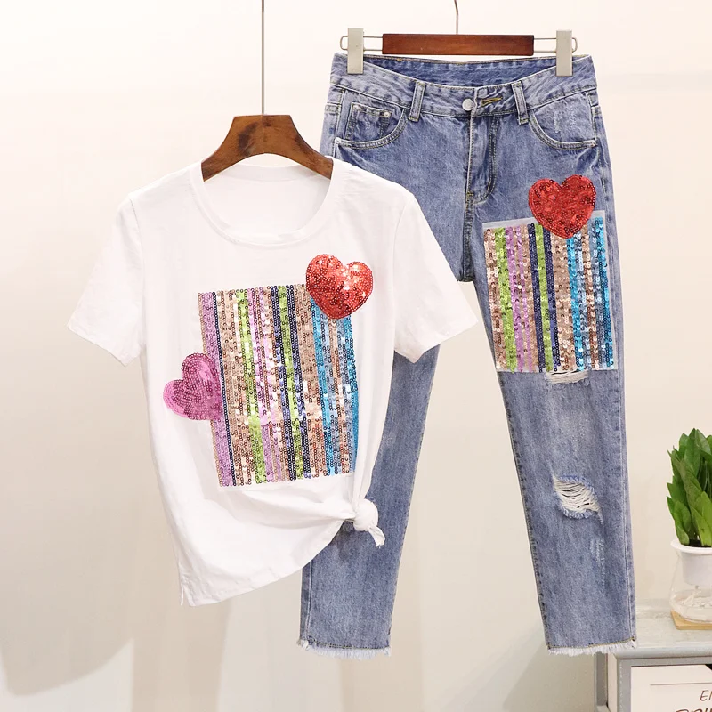 Amolapha Women Sequins T-shirts Jeans 2PCS Suits Short Sleeve Woman Casual Tshirt Tops+Denim Pants Sets
Amolapha Women Sequins T-shirts Jeans 2PCS Suits Short Sleeve Woman Casual Tshirt Tops+Denim Pants Sets