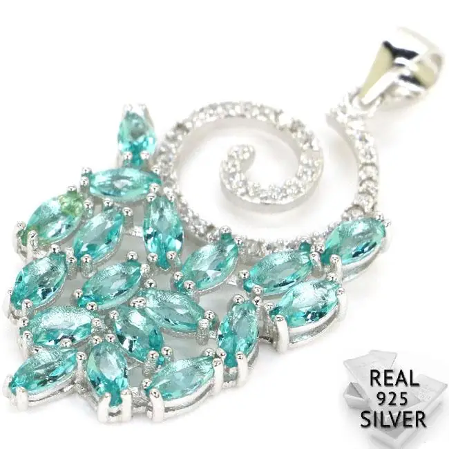 Guaranteed Real 925 Solid Sterling Silver 2.6g Deluxe Rich Blue Aquamarine CZ Pendant 38x20mm