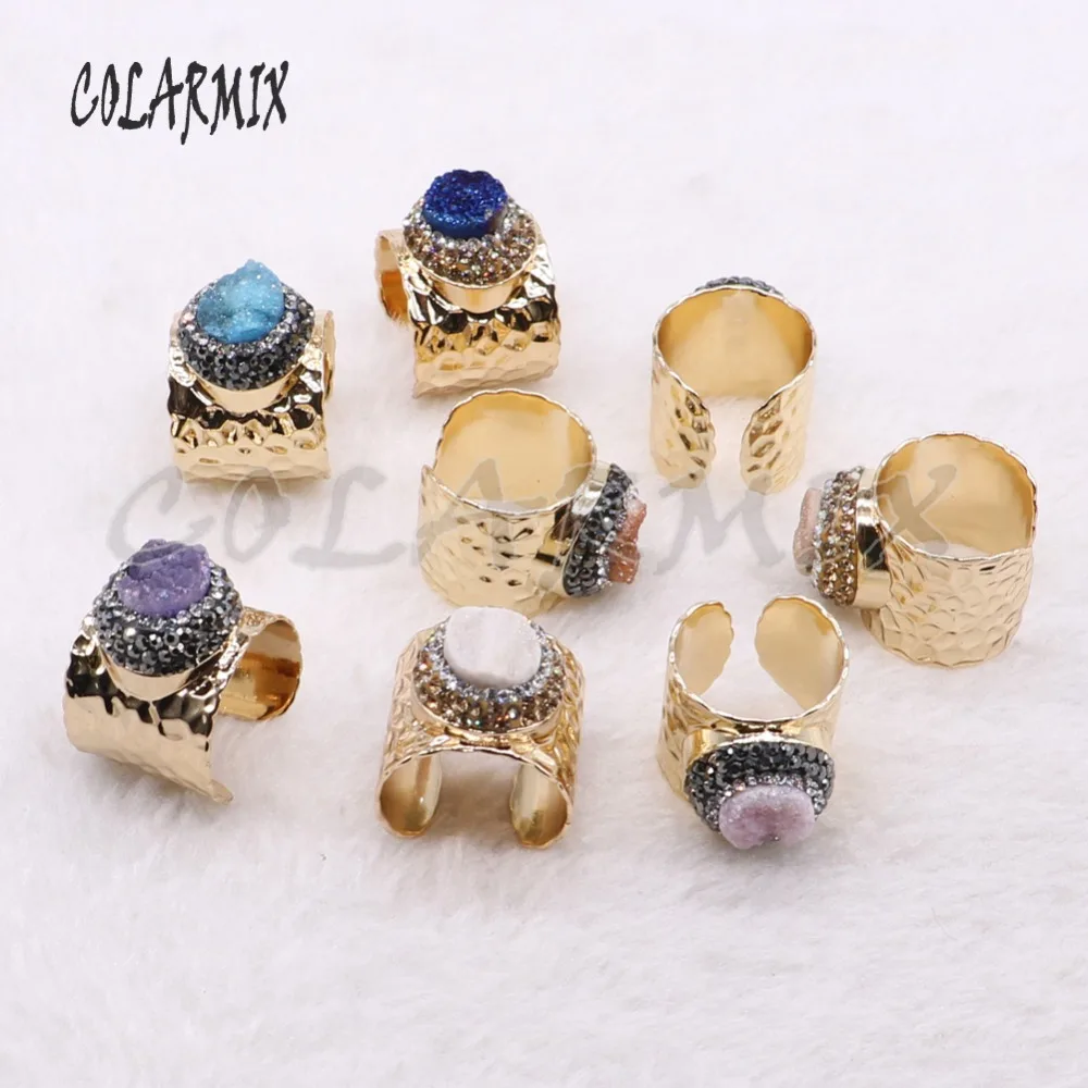 6 шт. разноцветные кольца druzy bang позолоченные металлические модные из