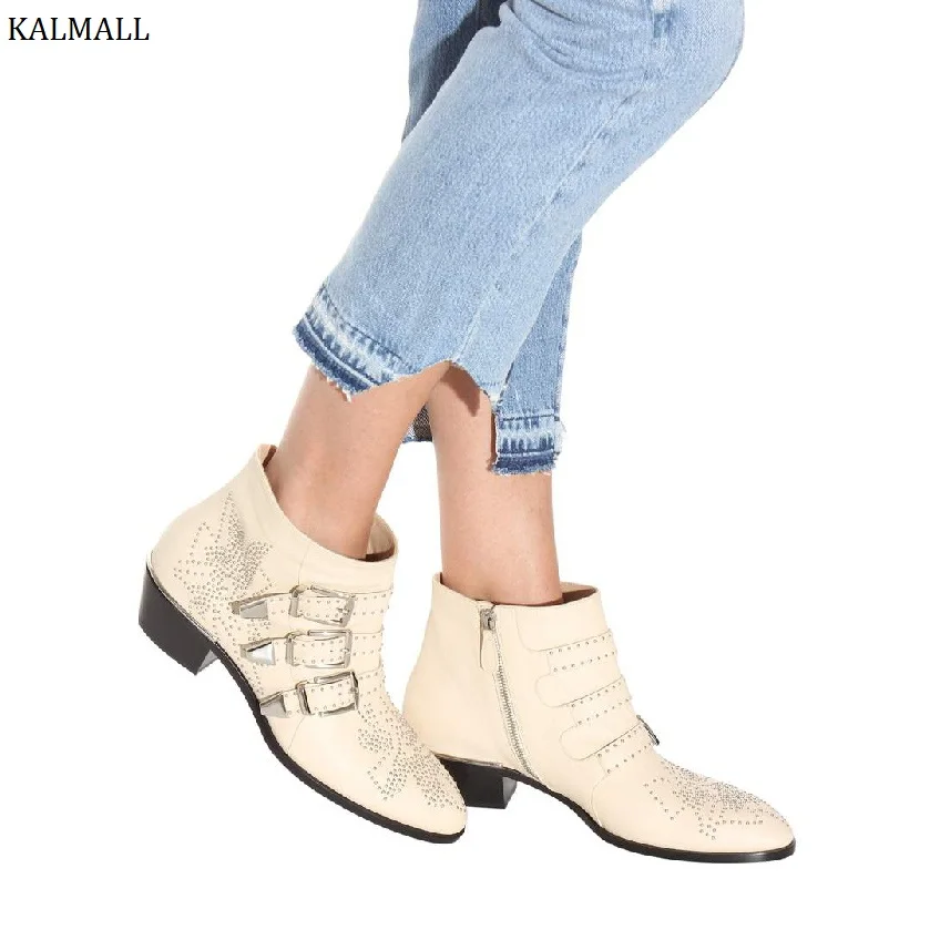 Женские ботильоны с заклепками KALMALL белые красные кожаные в стиле панк пряжкой на