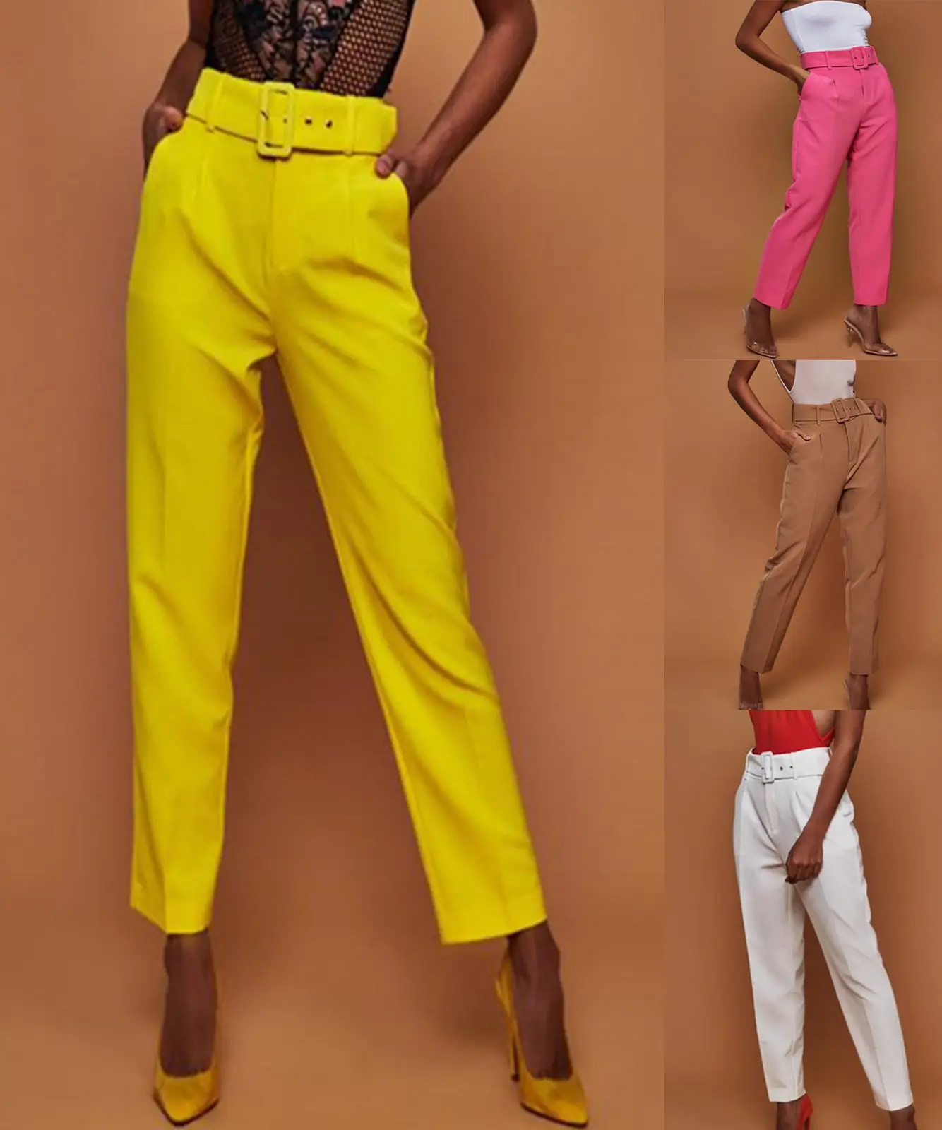 

Elegant Women Elastic High Waist Casual Cotton Blend Pant Loose Trousers Belt OL Fashion Female Long Pants Solid Trouser Pants