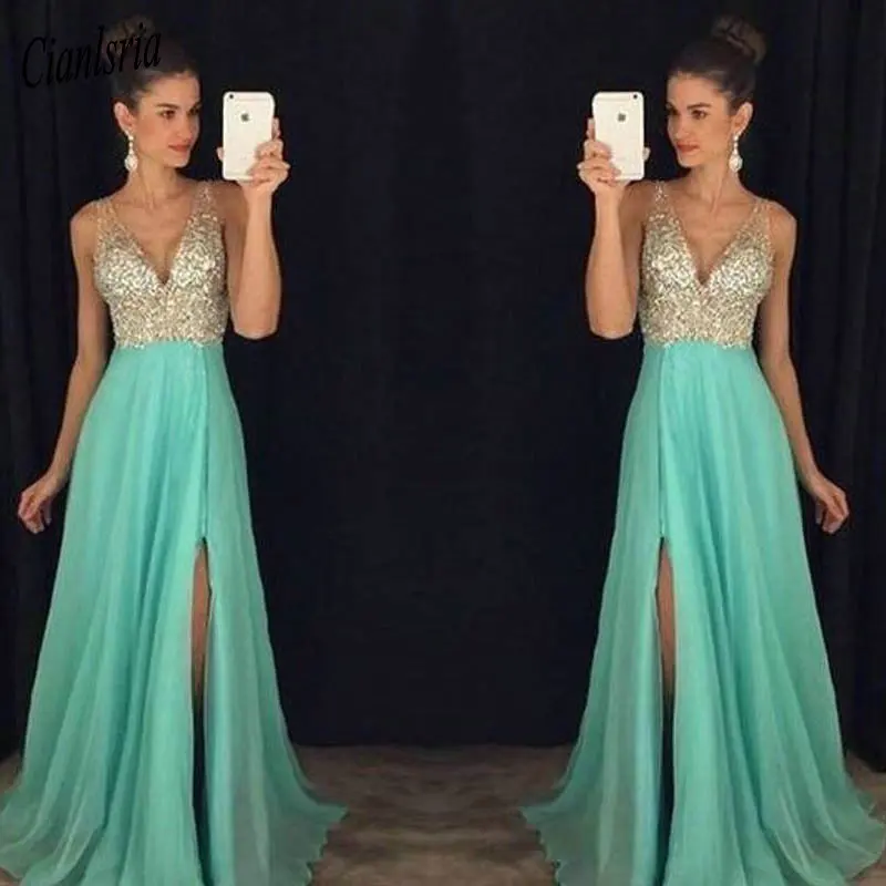 Elegant Long V Neck Prom Dresses Sleeveless Court Train Chiffon Side Slit A-line Formal Evening Dresses Gown vestido de noche
Elegant Long V Neck Prom Dresses Sleeveless Court Train Chiffon Side Slit A-line Formal Evening Dresses Gown vestido de noche