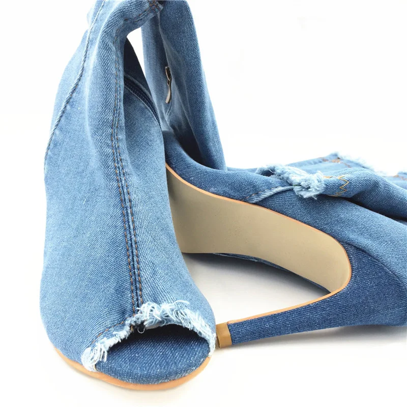 Женские джинсовые ботфорты синие сапоги до бедра на тонком высоком каблуке