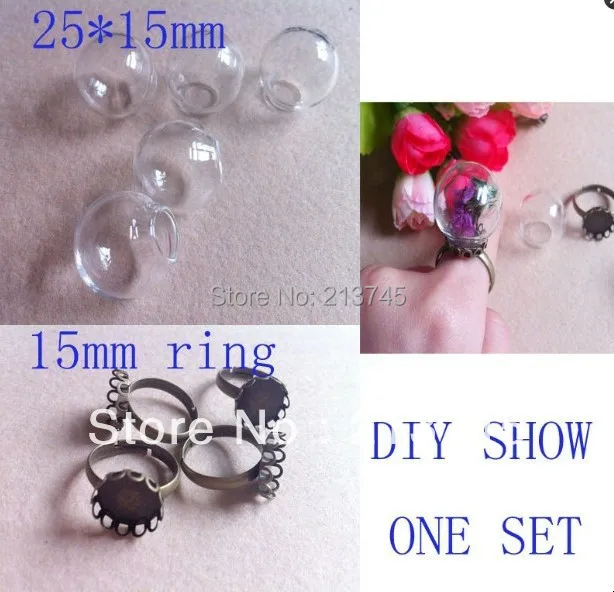 

Free ship! 50set Hot 25*15mm glass globe & ring finding set glass bubble ring set DIY glass vial pendant glass cover