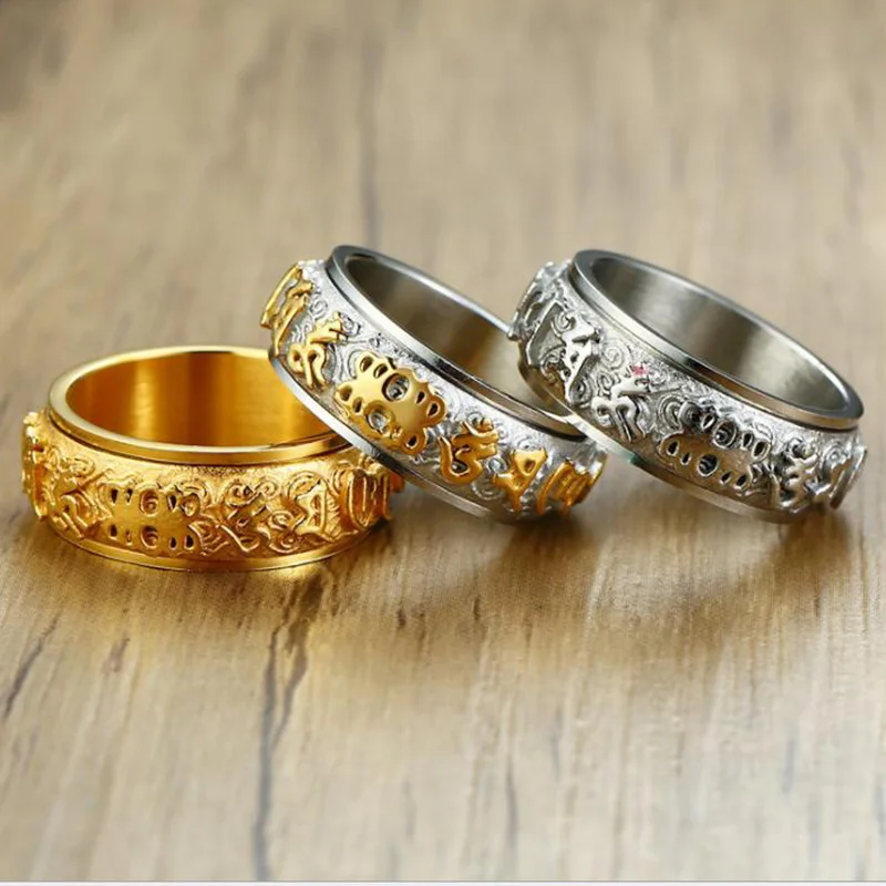 Titanium SteelMantra Amulet Spinner Rings for Men Tibetan Buddhism Swastika Ten thousand characters can be rotated Retro ring | Украшения и