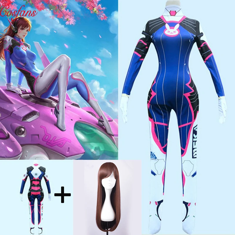 

2019 New D.Va Costume Lycra Spandex DVA Cosplay Zentai Adults Catsuit Halloween Female Bodysuit Womens a pcs jumpsuit and wigs