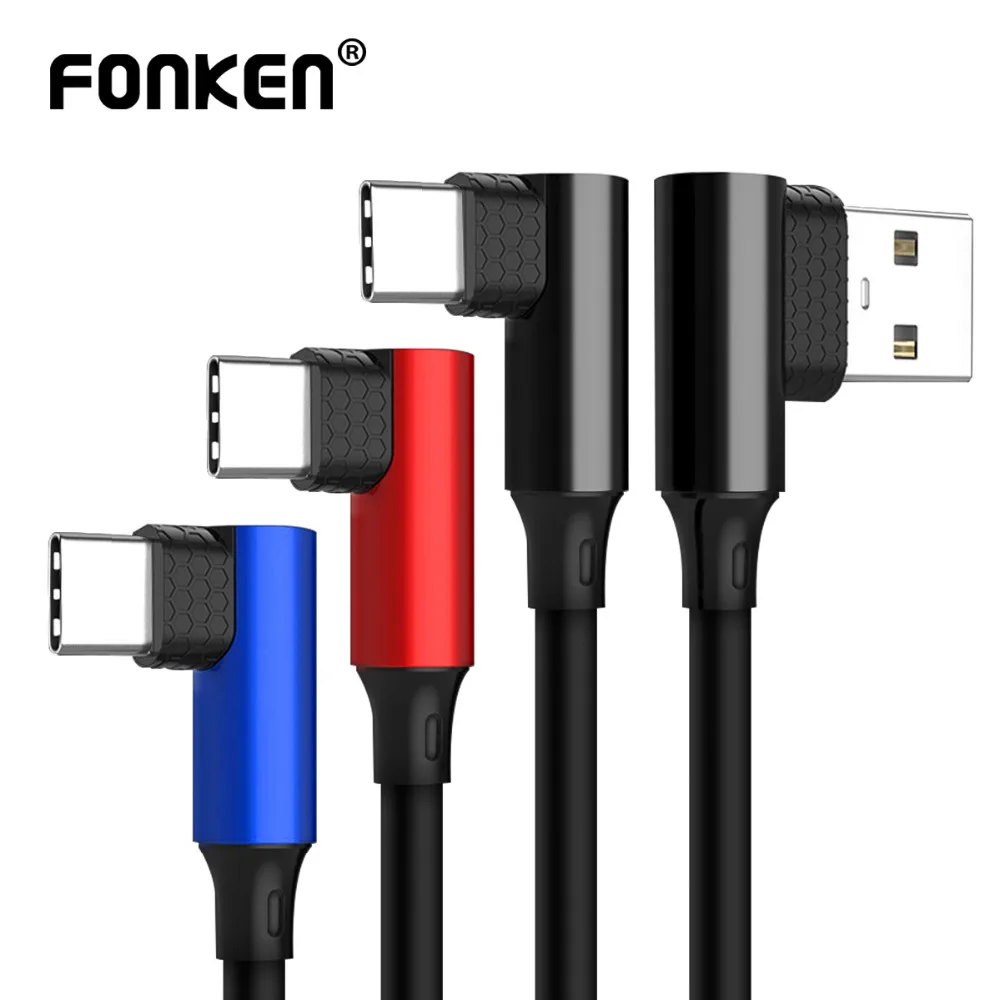 FONKEN usb type-C кабель 90 градусов для быстрой зарядки 2.4A передачи данных изогнутый