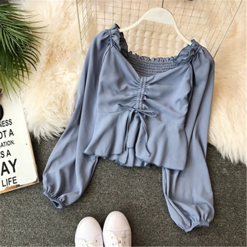 Pleated Drawstring Lace-up Blusas Elegant V-Neck Lantern Sleeve Women Blouse 2019 New Short Solid Chic Tops
Pleated Drawstring Lace-up Blusas Elegant V-Neck Lantern Sleeve Women Blouse 2019 New Short Solid Chic Tops