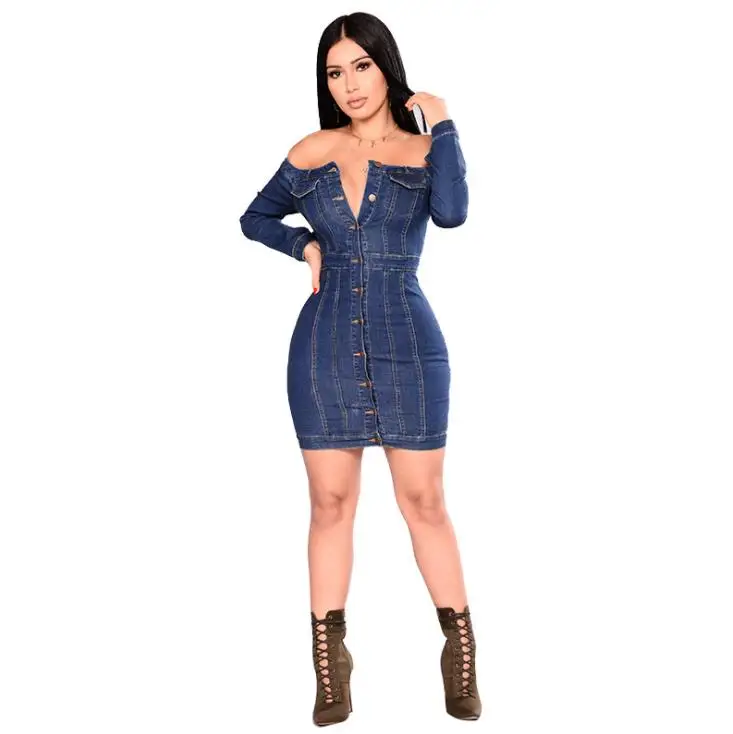 Sexy Fitted Denim Jean Dress Women Off Shoulder Long Sleeve Single-breasted Bodycon Dresses Causal Vestidos
Sexy Fitted Denim Jean Dress Women Off Shoulder Long Sleeve Single-breasted Bodycon Dresses Causal Vestidos