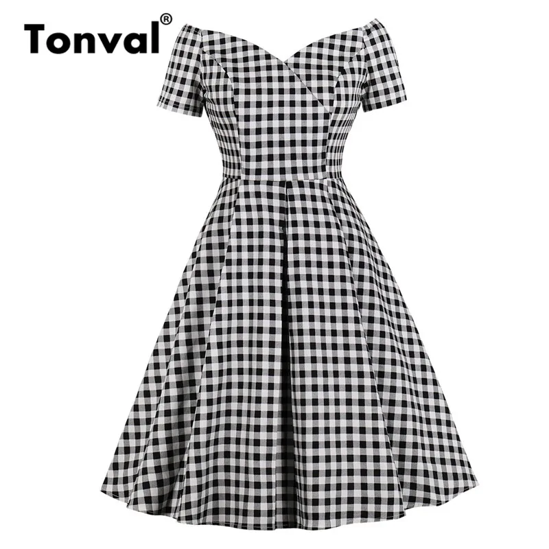 Tonval Vintage Plaid Off the Shoulder Elegant Midi Women Dress Office Lady Gingham Dresses Party V Neck Sexy Cotton Dress
Tonval Vintage Plaid Off the Shoulder Elegant Midi Women Dress Office Lady Gingham Dresses Party V Neck Sexy Cotton Dress