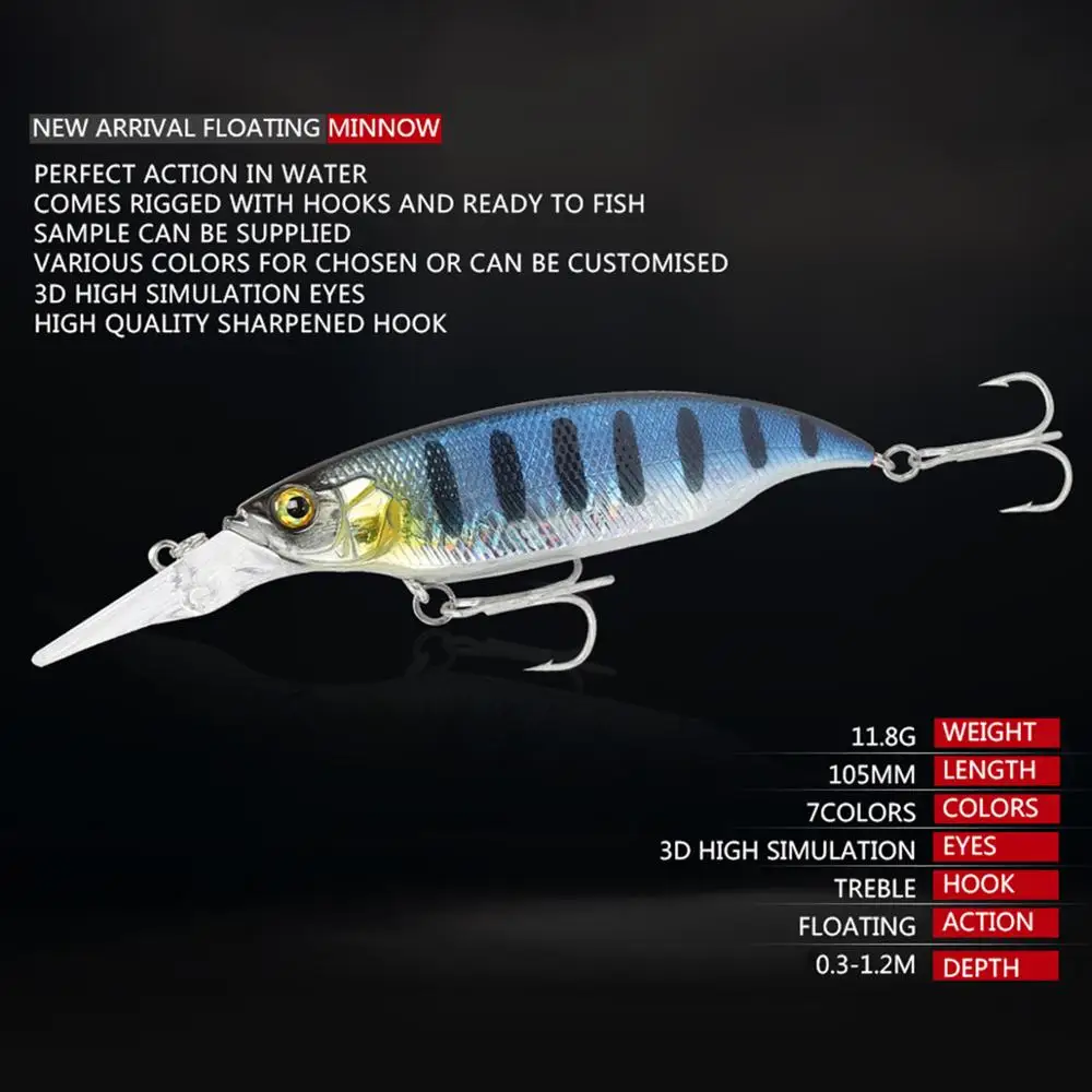 11.8cm 10.5g 7-Colors Floating Long Lip Bionic Minnow Lure Artificial Hard Bait Weever Special Fishing Lure Wobbler
11.8cm 10.5g 7-Colors Floating Long Lip Bionic Minnow Lure Artificial Hard Bait Weever Special Fishing Lure Wobbler