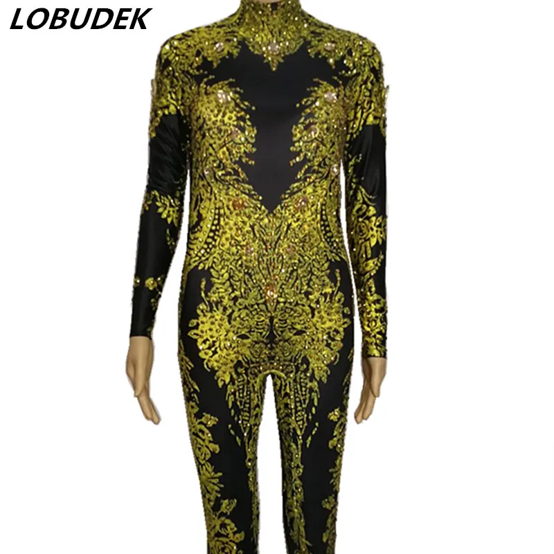 Gold Silver Printed Crystals Stretch Jumpsuit Sexy Nightclub Female Dance Costume Bar DJ Singer Stage Outfit Party Show Rompers
Gold Silver Printed Crystals Stretch Jumpsuit Sexy Nightclub Female Dance Costume Bar DJ Singer Stage Outfit Party Show Rompers