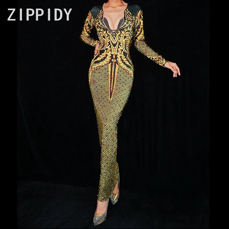 Gold Printed Rhinestones Long Dress Women's Birthday Celebrate Outfit Dance Costume Nightclub Female Singer Sexy Stage Dress
Gold Printed Rhinestones Long Dress Women's Birthday Celebrate Outfit Dance Costume Nightclub Female Singer Sexy Stage Dress