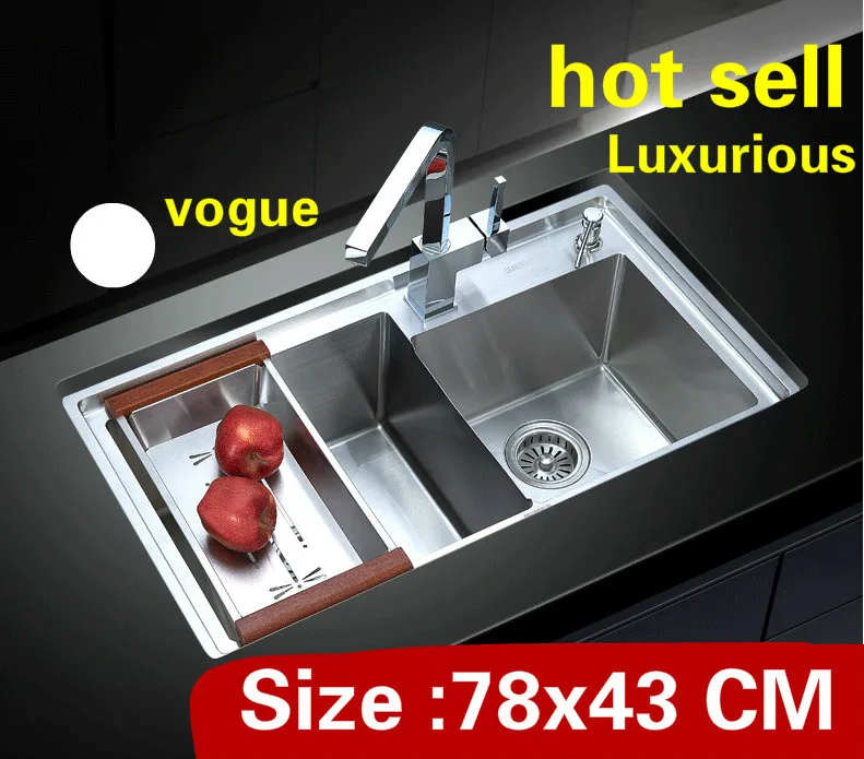 

Free shipping Apartment luxury food grade 304 stainless steel standard kitchen manual sink double groove hot sell 780x430 MM