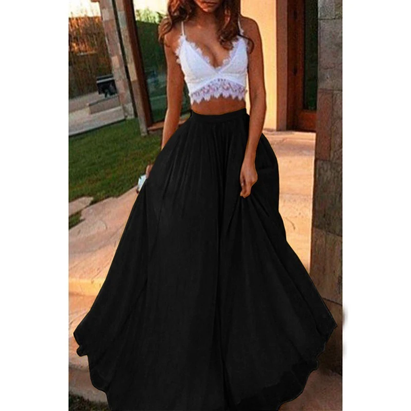 Spring Chiffon Long Skirts Women Elastic Waist Double Ladies Swing Skirt Solid Ladies Chiffon Long Skirt Female Party Skirts