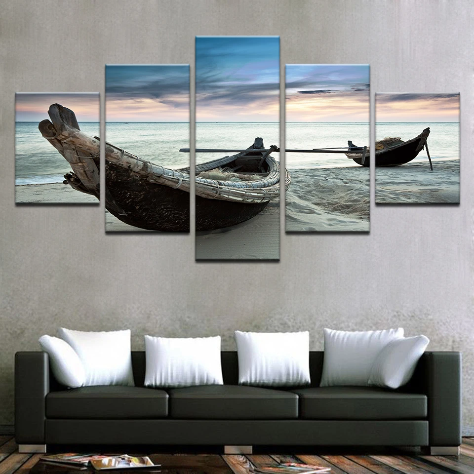 Canvas Paintings Wall Art HD Prints Pictures Home Decor 5 Pieces Beach Landscape Boat Seascape Posters For Living Room Framework | Дом и сад