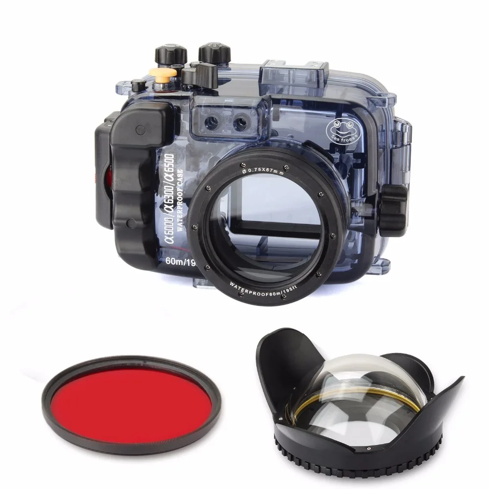 

SeaFrogs 60m/195ft Waterproof Underwater Camera Housing Case for Sony A6000 A6300 A6500 Used 16-50mm Lens+Fisheye Len+Red Filter