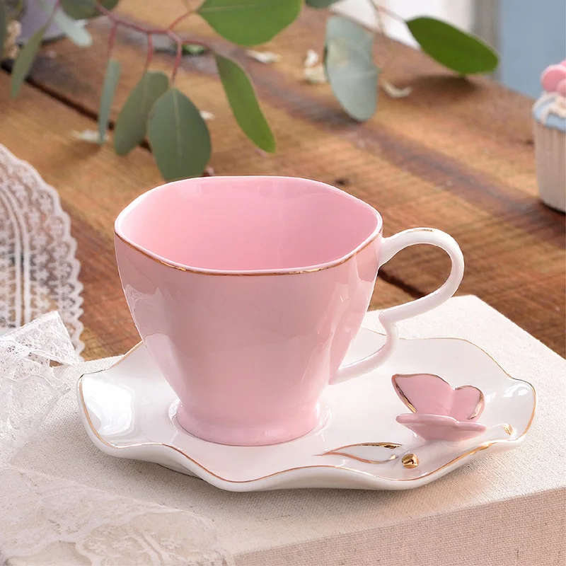 

New Exquisite Butterfly Bird Top Bone China 220ml Coffee Cup Saucer Free Spoon Ceramic Teacup European Porcelain Tea Cup
