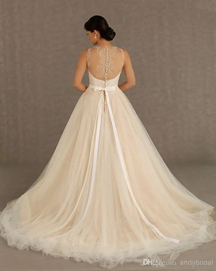 Free DHL Veluz Reyes Sheer Straps Backless Bridal Gown Beaded Appliques/Lace Cathedral Champagne Wedding Dresses withBow Belt | Свадьбы и