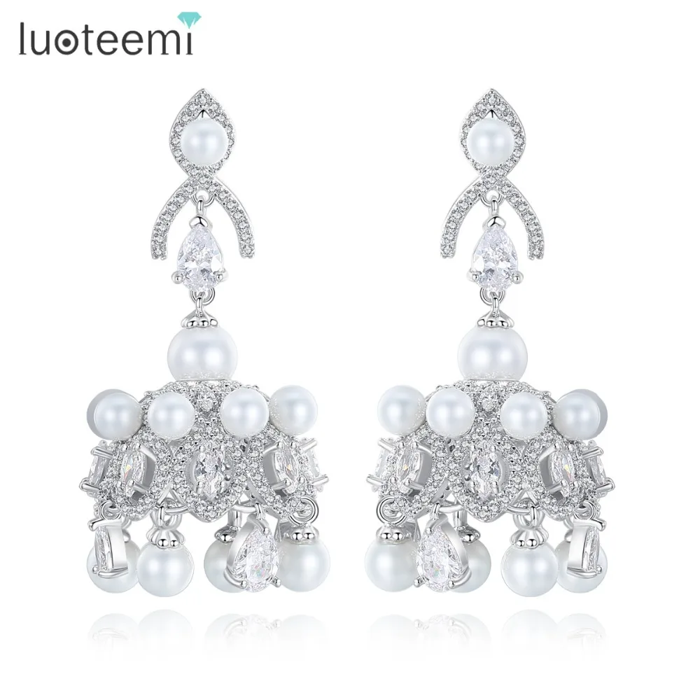 

LUOTEEMI Brand Fashion Imitation Pearl Dangle Earring With CZ Crystal For Women White Gold Color Bride Drop Earring Brincos 2018