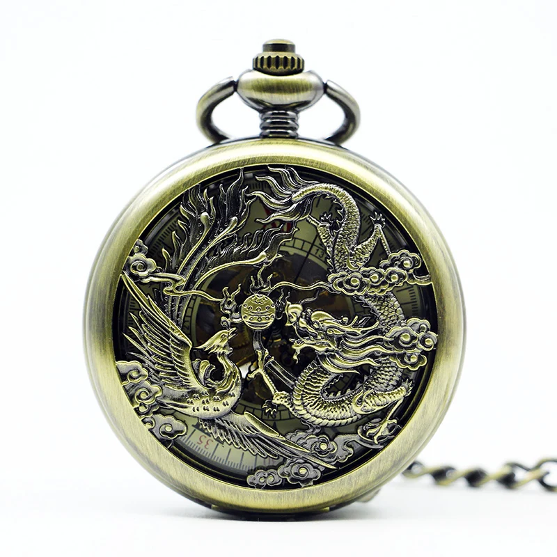 

High Quality Steampunk Skeleton Bronze Chinses Flying Dragon&Phoenix Mechanical Hand Wind Pocket Watch FOB Chain Watch PJX1272