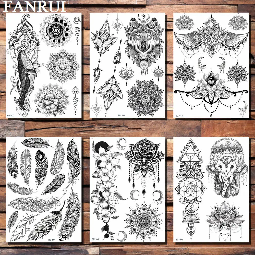 FANRUI Lotus Mandala Flower Wolf Owl Chains Lily Temporary Tattoo Sticker Black Henna Fake Tatoo Mehndi Body Art Arm Custom Tato
FANRUI Lotus Mandala Flower Wolf Owl Chains Lily Temporary Tattoo Sticker Black Henna Fake Tatoo Mehndi Body Art Arm Custom Tato