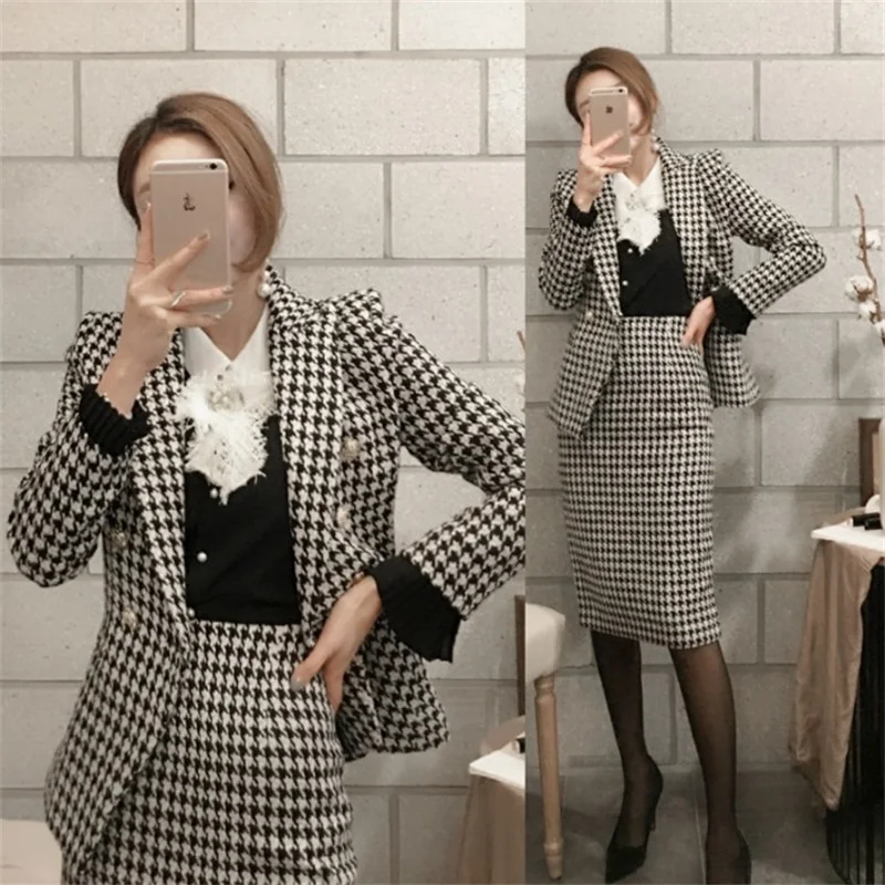 Fashion new casual office OL women's temperament Slim houndstooth long-sleeved blazer + split bag hip skirt Two-piece set JQ672
Fashion new casual office OL women's temperament Slim houndstooth long-sleeved blazer + split bag hip skirt Two-piece set JQ672