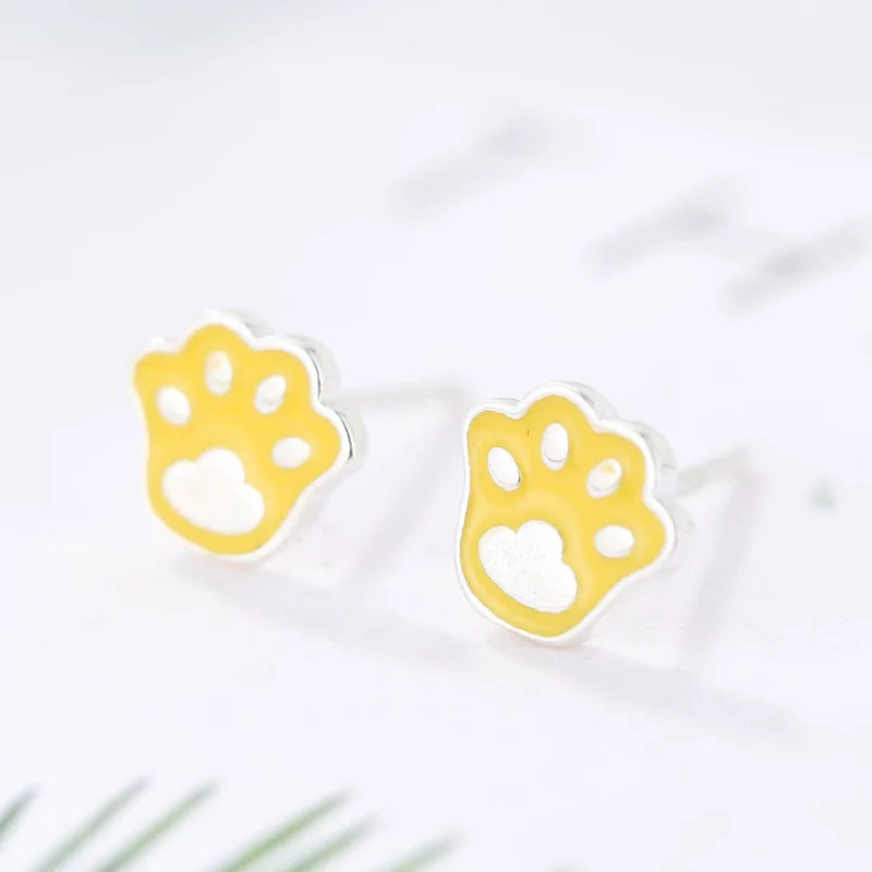

Daisies 1pair 925 Sterling Silver Yellow enamel Cute Dog Cat Paw Footprint Stud Earring For Women Girls Engagement Gifts Jewelry