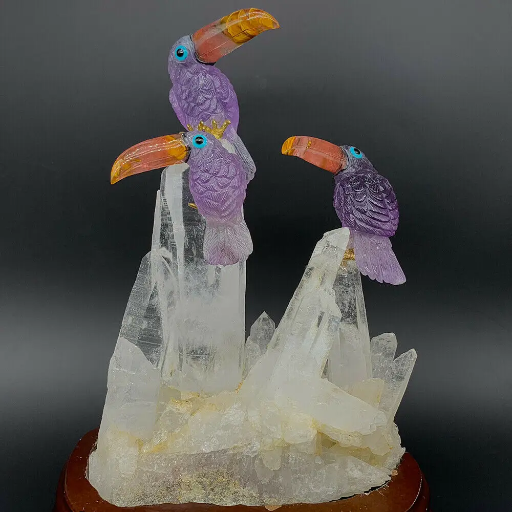 8.6" Three Amethyst Toucans Statue Natural Gem Clear Quartz Crystal Carved Decor
8.6" Three Amethyst Toucans Statue Natural Gem Clear Quartz Crystal Carved Decor