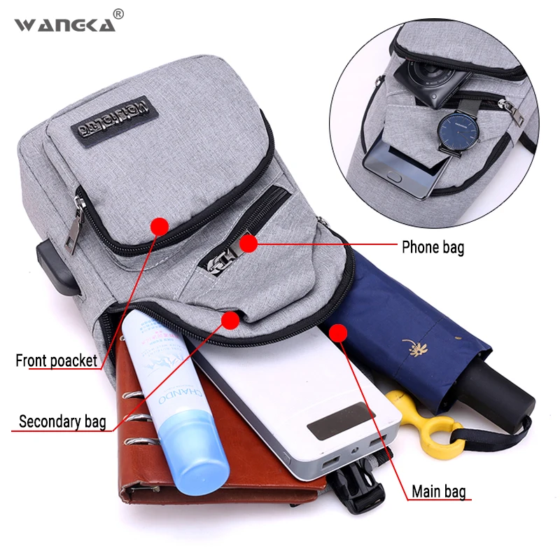 WANGKA слинг через плечо USB зарядка нагрудная сумка для мужчин повседневная