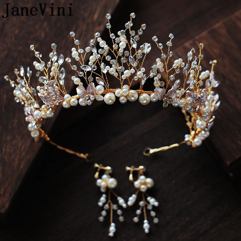 

JaneVini Romantic Bridal Crowns with Earrings Princess Pageant Tiaras Pearls Wedding Headpiece Brides Jewelry Hair Accessories