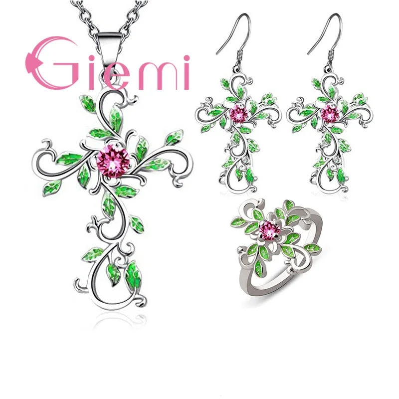 CZ Stone Cross Women Dangle Earrings Pendant Necklace Religious Elegant 925 Silver Leaf Ring Jewelry Set for Wedding
CZ Stone Cross Women Dangle Earrings Pendant Necklace Religious Elegant 925 Silver Leaf Ring Jewelry Set for Wedding