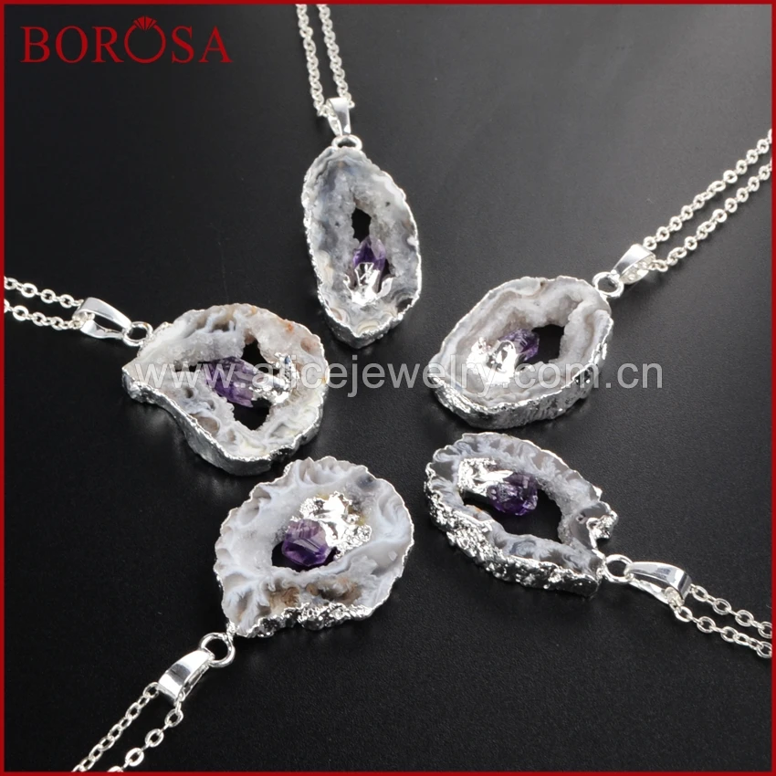 BOROSA Natural Agates Geode Druzy Pendant Necklace Inlay Amethysts Freeform Drusy Slice Silver Plated Necklace for Women WX008-N
BOROSA Natural Agates Geode Druzy Pendant Necklace Inlay Amethysts Freeform Drusy Slice Silver Plated Necklace for Women WX008-N