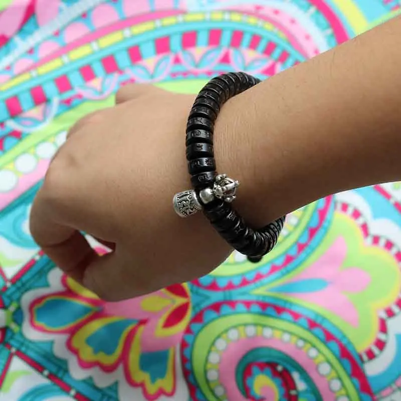Natural Black Wood Bracelet Femme Tibetan Buddhism Amulet Om Mani Padme Hum Charm for Man Women Lucky Handmade | Украшения и