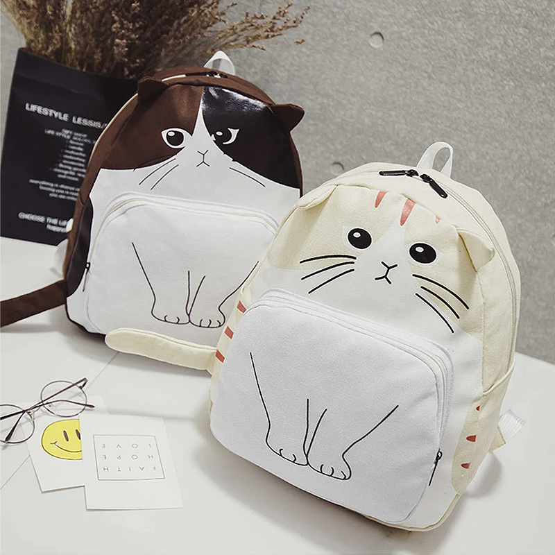 Cat Backpack Women Canvas Printing School Bags For Teenagers Ladies Travel Ear Bagpack mochila | Багаж и сумки