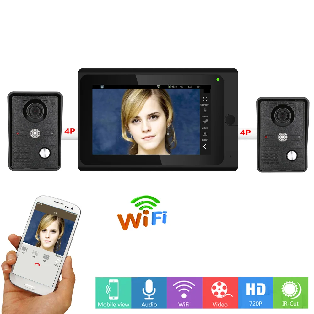 2 x камера 7 "проводной/беспроводной Wifi видео дверной звонок Домофон Система