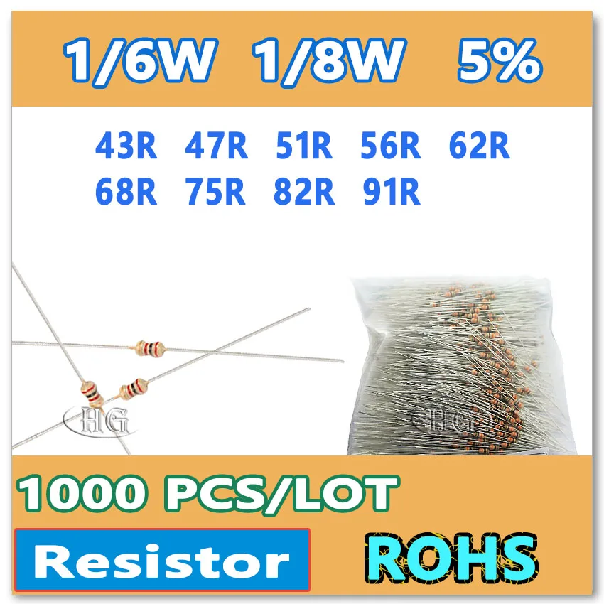 JASNPROSMA 1000PCS/LOT 5% 1/6W 1/8W 43R 47R 51R 56R 62R 68R 75R 82R 91R carbon film DIP OHM New goods Color ring Resistor
JASNPROSMA 1000PCS/LOT 5% 1/6W 1/8W 43R 47R 51R 56R 62R 68R 75R 82R 91R carbon film DIP OHM New goods Color ring Resistor
