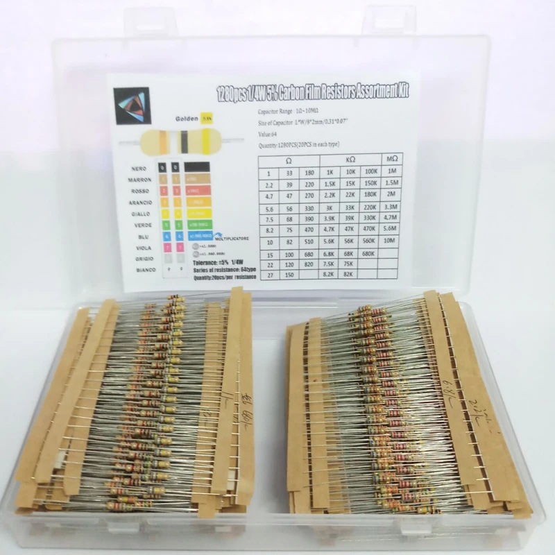 1280Pcs Resistor Kit 1/4W 5% 1 Ohm - 10M Ohm 64values X 20pcs Resistencias Resistor Pack Carbon Film Resistors Set Box
1280Pcs Resistor Kit 1/4W 5% 1 Ohm - 10M Ohm 64values X 20pcs Resistencias Resistor Pack Carbon Film Resistors Set Box
