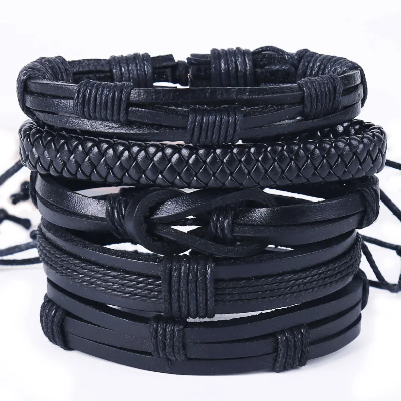 Cross-border hot trend personalized men's bracelet set of five pieces black genuine cowhide woven manufacturers direct sale | Украшения