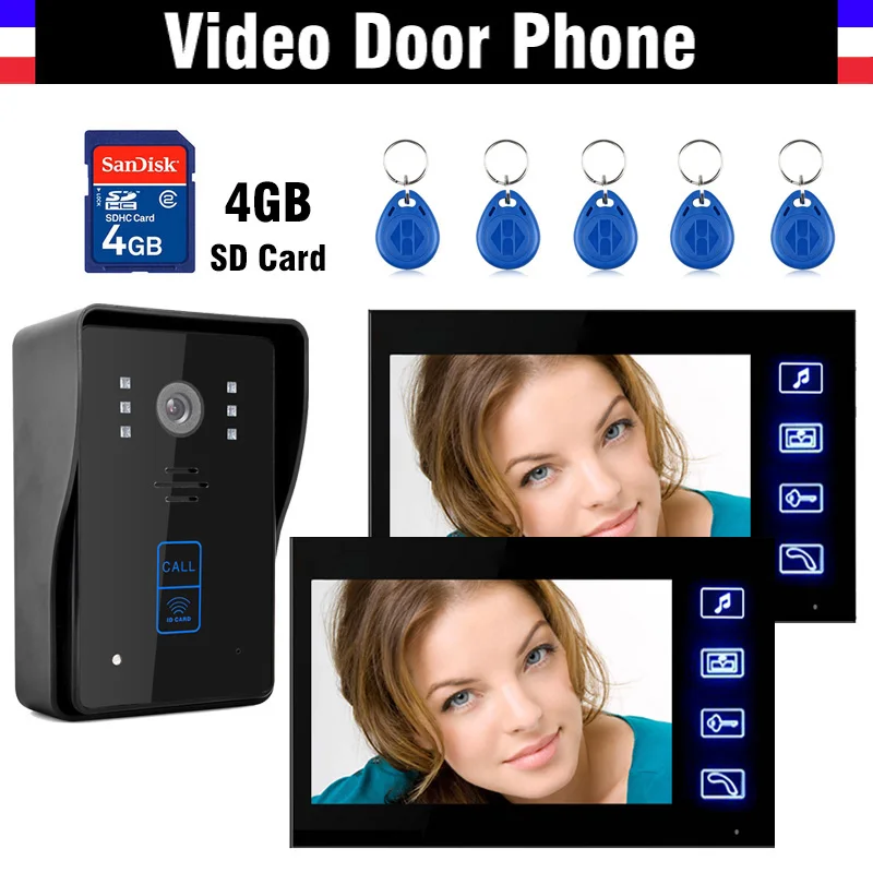 

7 Inch LCD Touch Monitor Record Video Door Phone Doorbell System 4GB Card Recording Video Intercom Kit IR Night vision Camera