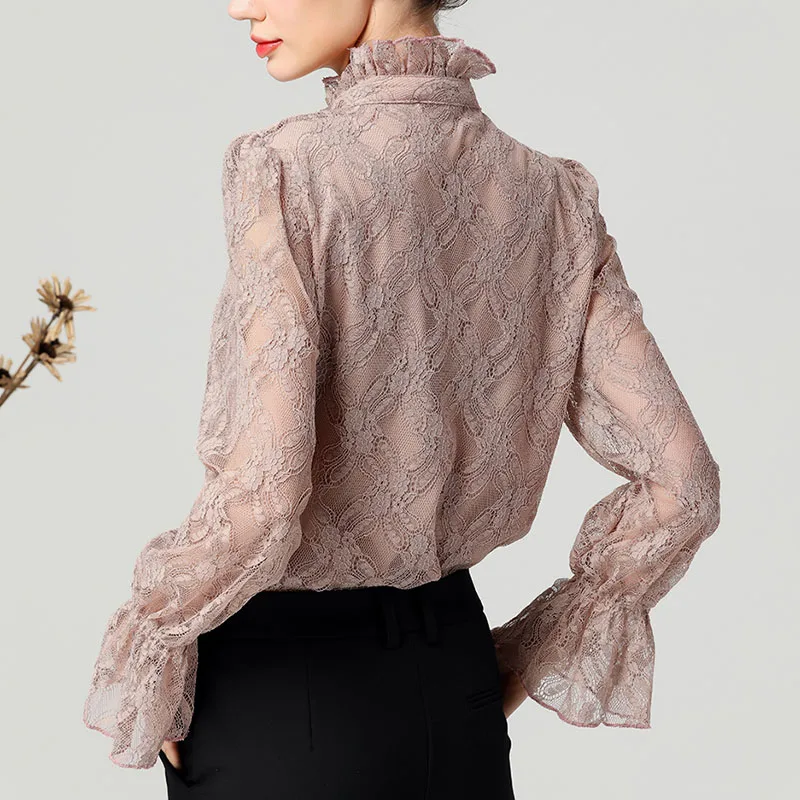 Women Lace Shirt Ruffle Tops Stand Collar Perspective Sleeved Hollow Out Floral Shirts Elegant Single-breasted Summer Cardigan
Women Lace Shirt Ruffle Tops Stand Collar Perspective Sleeved Hollow Out Floral Shirts Elegant Single-breasted Summer Cardigan