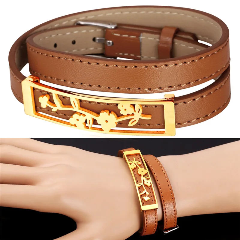Brand Genuine Leather Bracelet Brown/Black Gold Color/Stainless Steel Cute Flower Bracelet Jewelry Gift Women GH1584
Brand Genuine Leather Bracelet Brown/Black Gold Color/Stainless Steel Cute Flower Bracelet Jewelry Gift Women GH1584
