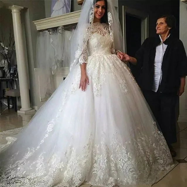 

Vestido De Noiva trouwjurk 2021 Lace Tulle Wedding Dresses Bridal Gowns Illusion 3/4 sleeve Beaded Wedding Dress robe de mariee