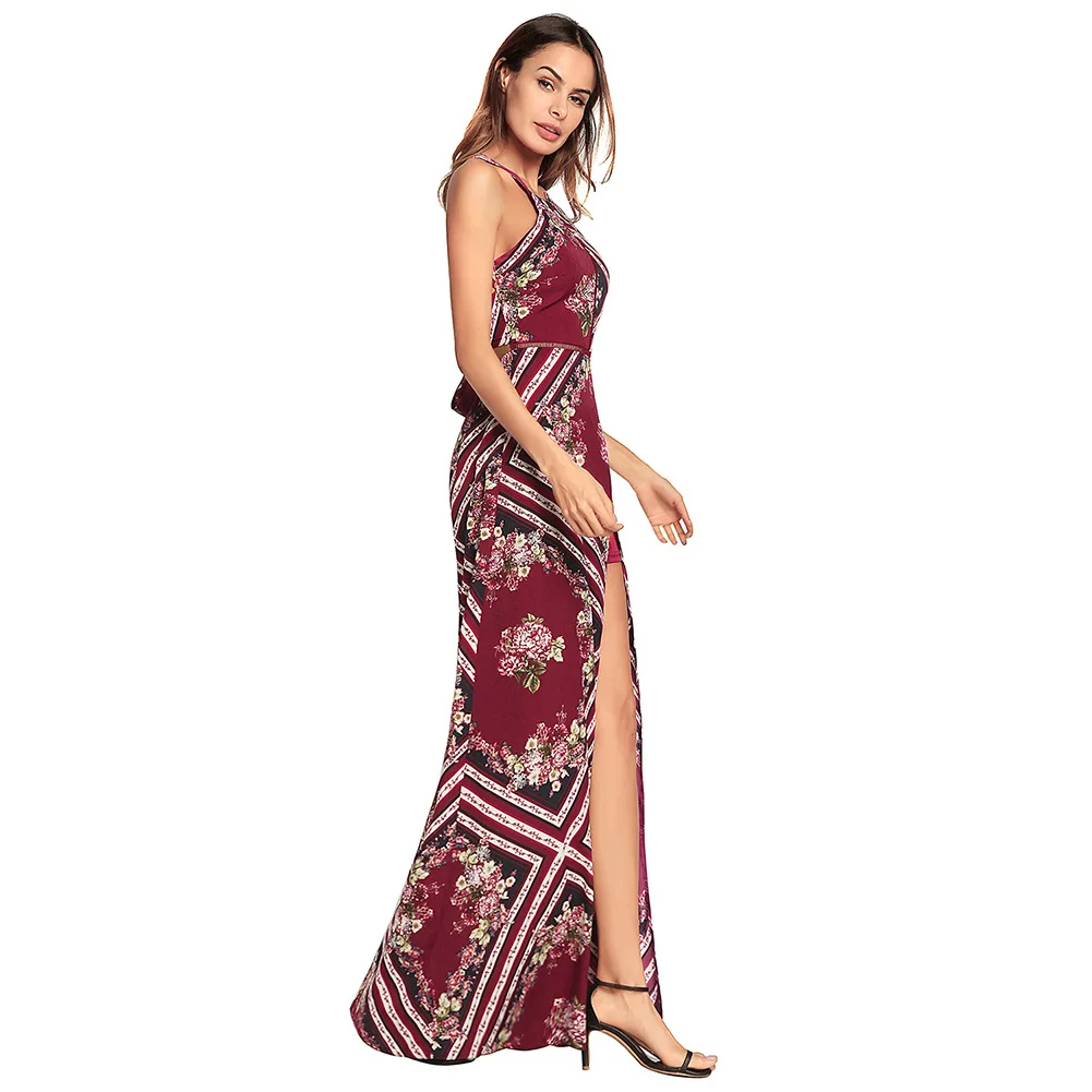 Women Dress Floral Print Vintage Bohemian 2018 Sleeveless Summer Beach Dresses Halter Backless Slit Long Maxi | Женская одежда